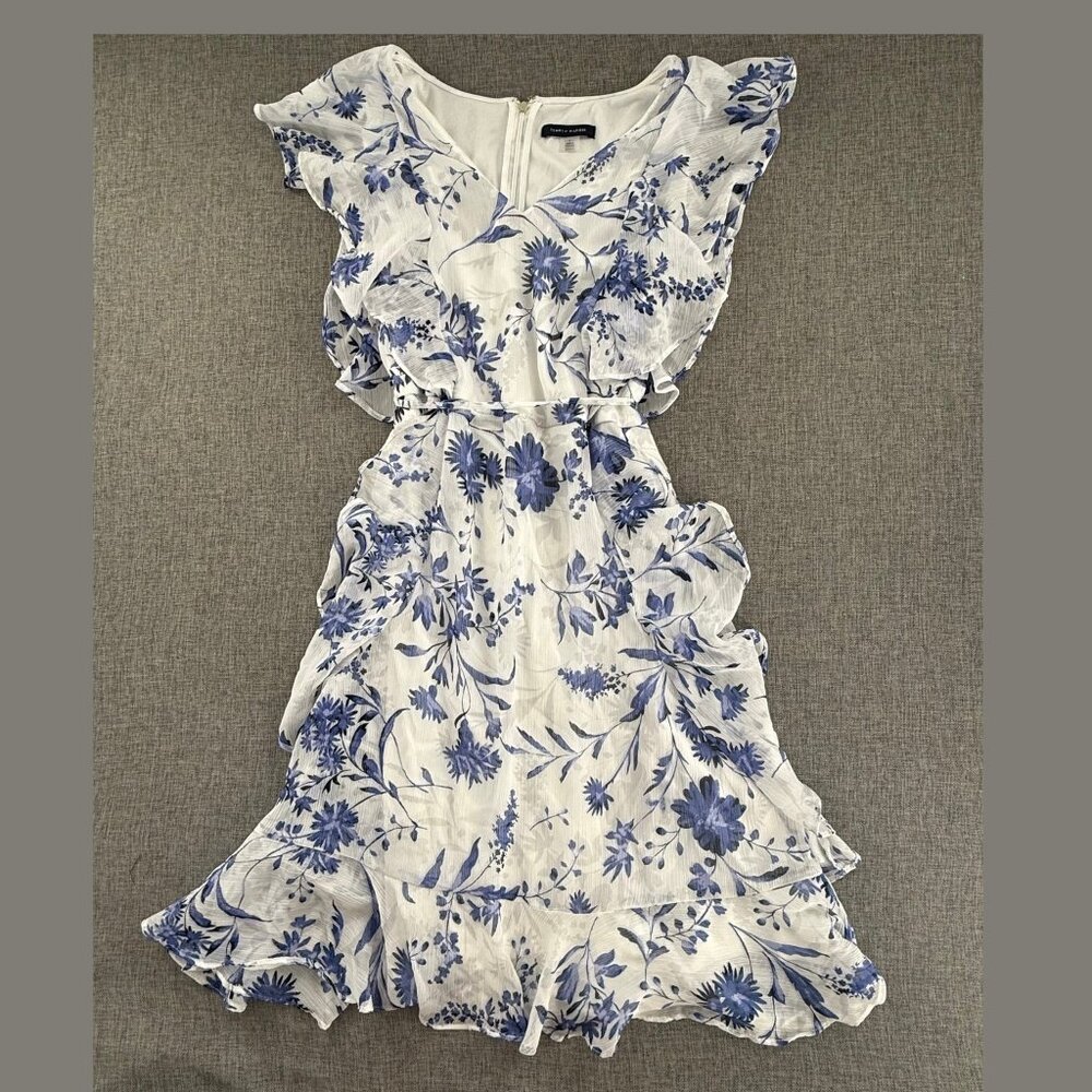 Tommy Hilfiger Ruffled Dress White & Blue V-Neck Tie Belt Lined Size 6 cap sleev
